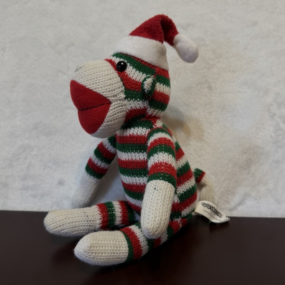 Galerie Sock Monkey Plush Red Green White Striped Candy Cane Stuffed Animal 10"